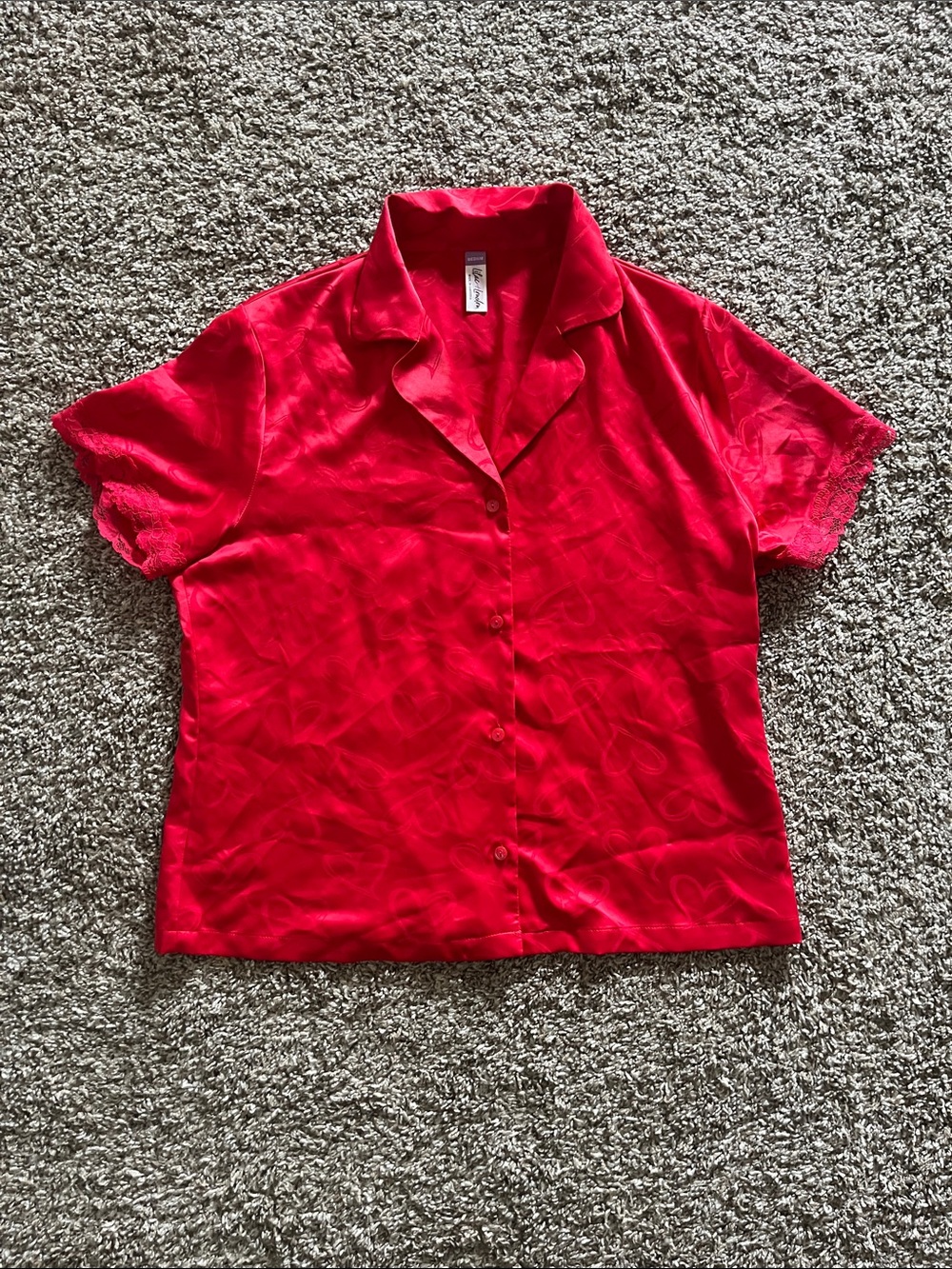 Red Satin Short-Sleeve Button-Front Pajama Top